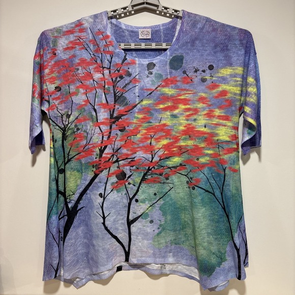 Et Lois Tops - Et Lois Art To Wear Top Watercolor Trees Shirt Hi Low Womens Top Size XL USA